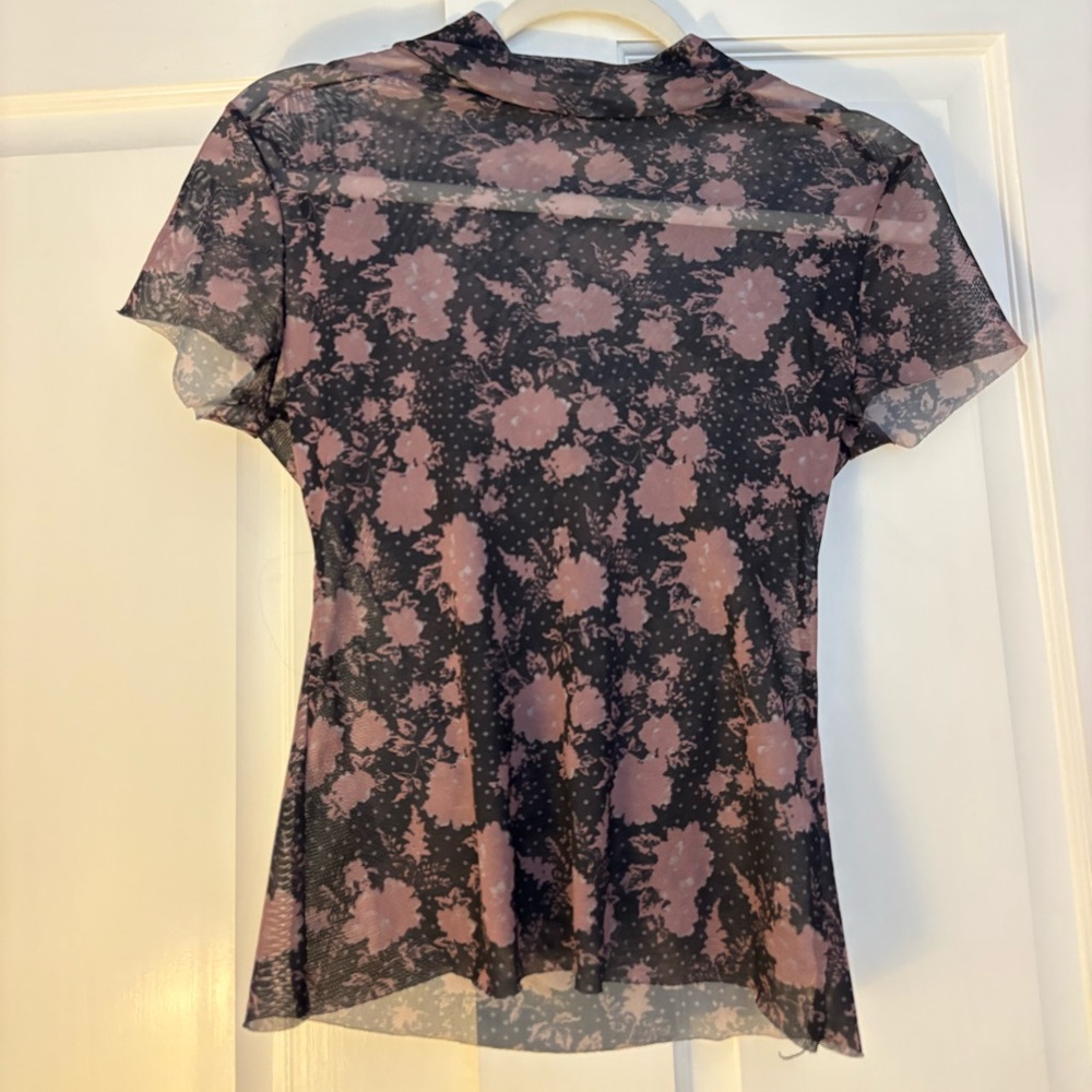 Sheer Black Short-Sleeve Tee with Mauve Floral Print